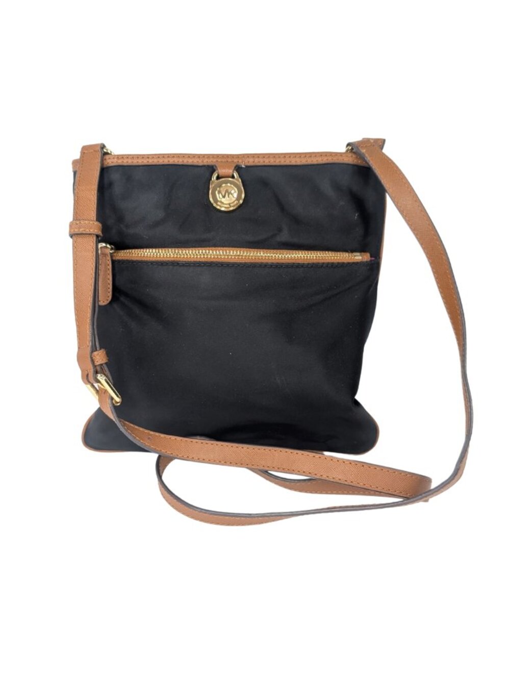Michael Kors Kempton Black Nylon Tan Faux Leather Slim File Zip Crossbody Purse